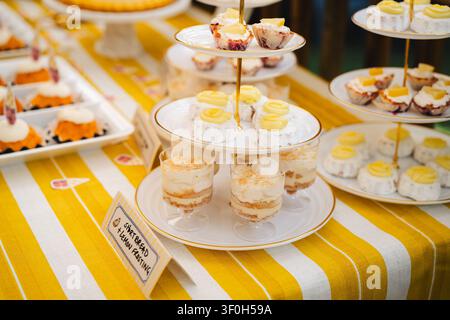 Verschiedene Zitronendesserts auf mehrstufigen Ständern bei einer Catering-Veranstaltung Stockfoto