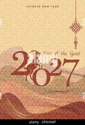 Das Jahr der Ziege, 2027 Happy Chinese New Year, Lunar Celebration. Vorlage für festliche Banner. Traditionelles Holiday-Logo-Design, Vektorillustration Stock Vektor