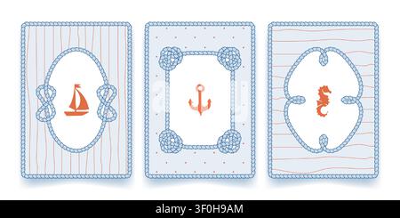 Maritime Seilrahmen mit vintage-nautischem Rand und blauem Hintergrund mit gepunktetem oder liniiertem Muster, Cartoon-Vektor-Poster. Ozean- oder Seekarten-Design mit Seemannsknoten, Segelboot, Anker und Seepferdchen Stock Vektor