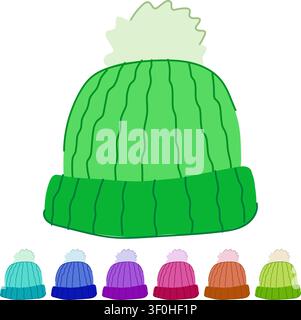 merino Wintermütze gestrickt Cartoon. kaschmir Acryl, kuschelig warm, kuschelig stilvoll Merino Winter Hut Strick Zeichen Vektor Stock Vektor