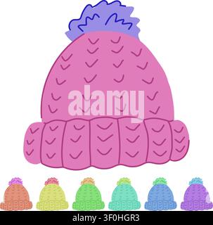 Cartoon mit Pompon-Wintermütze. Slouchy gerippt, grobe Wolle, Fleece Alpaka Pompon Winter Hut Strick Zeichen Vektor Stock Vektor