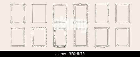 Skurrile Kritzelrahmen mit Buntstiften und flippigen Borten. Set Line rechteckig im Retro-Stil, perfekt für Einladungen, Scrapbooks und kreative Rahmendesigns. . Vektorabbildung Stock Vektor