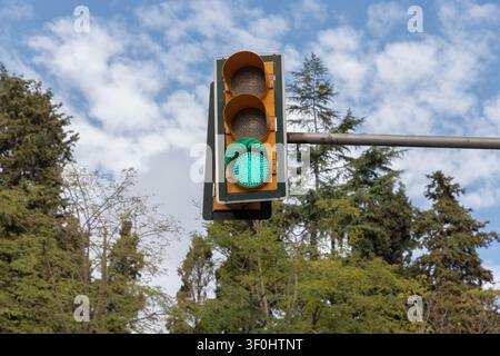 Grüne Ampel, die das Los-Signal an einem Straßenmast im Freien anzeigt. Stockfoto