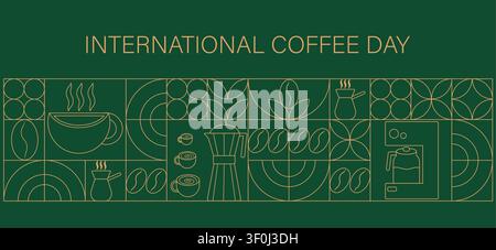 Kaffeetische geometrische Poster im minimalen Retro-Stil. Konzept für den Internationalen Kaffeetag. Ideal für Café, Bäckerei, Branding, Dekoration, Cover-Design, dekorativen Druck, Hintergrund. Vektor Stock Vektor
