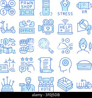 Handgezeichnete blaue Sketch-Symbole, die eine Vielzahl von Konzepten wie Business, Technologie, soziale Themen, Natur und Alltagsgegenstände illustrieren, Stock Vektor