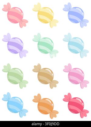 Ein Set aus 12 farbenfrohen pastellfarbenen, gestreiften Süßigkeiten. Perfekt für Süßwarenladen-Dekor, Aufkleber und digitale Planer. Flache Vektorillustration isoliert Stock Vektor