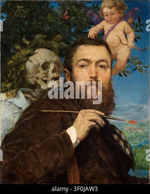 Selbstporträt mit Amor und Tod (Selbstbildnis mit Amor und Tod), 1875, von Hans Thoma. Öl auf Leinwand, symbolistisches Selbstporträtgemälde mit dem bärtigen Künstler, der einen Pinsel hält, flankiert von einer geflügelten Amorfigur und einer skelettierten Todesfigur, die einen Lorbeerkranz trägt, vor einem blättrigen Hintergrund Stockfoto