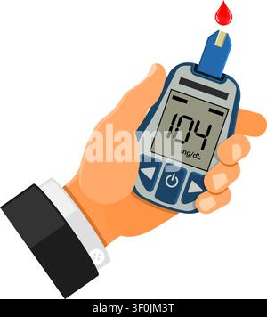 Hand hält Blutzuckermessgerät. Blutzuckerspiegel, Tests, Behandlung, Überwachung und Diagnose von Diabetes Konzept. Symbol im flachen Stil. Isolierte vecto Stock Vektor