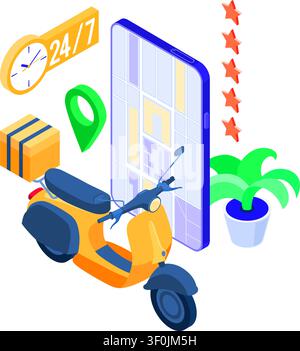 Schnelle und kostenlose Online-Bestellung von Speisen und Paketzustellung. Fast Food-Versand. Isometrischer Roller. Lieferung mit Moped. Bewertung und Nachverfolgung online o Stock Vektor