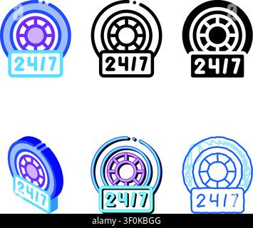 Reparatur von Rädern und Reifen der Edition rund um die Uhr Symbol Vektor. Schild für die rund-um-die-Uhr-Reparatur von Rädern und Reifen. Farbsymbol Stock Vektor