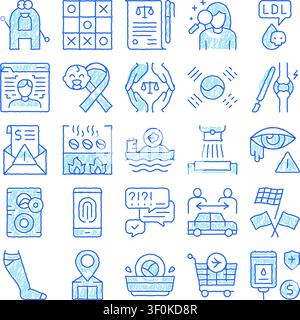 Set von handgezeichneten blauen Kritzelskizzen-Icons, die eine breite Palette von Konzepten illustrieren, einschließlich Recht, Gesundheit, Soziales, Finanzen, Spiele, und Technologiesymbol Stock Vektor