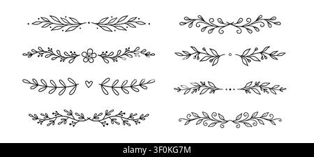 Linienblumenblatt-Ornament-Set. Handgezeichneter Linienblumenblatt-Rand Efeu-Doodle-Rahmen Blumen-Dekor. Lorbeer-Oliven-Trennlinie verschnörkelter Kranz botanischer Hochzeitsgarten Vintage. Vektorillustration Stock Vektor