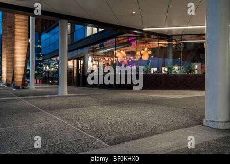Auto-Hintergrund, Automobil-Rückplatte, Parkplatz außerhalb des Cafés, Bar bei Nacht Stockfoto