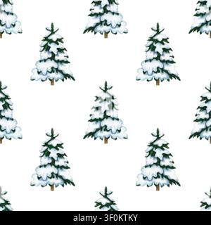 Nahtloses Muster von verschneiten Weihnachtsbäumen. Handgezeichnete Aquarellillustration. Perfekt für Weihnachtsverpackungen, saisonale Feiertagsdrucke, Textilien Stockfoto