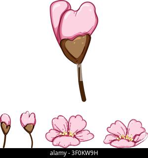 Die Kirschblüte veranschaulicht verschiedene Phasen ihres Lebenszyklus, von geschlossenen Knospen bis hin zu vollständig offenen rosa Blüten, die natürliches Frühlingswachstum und zart darstellen Stock Vektor