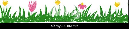 Kindliche Kinder zeichnen Blumenränder mit Gras, Blumenkreide oder Kreide. Frühlingssommerpflanzen, nahtloses Wiesenschmuck. Vektorabbildung Stock Vektor