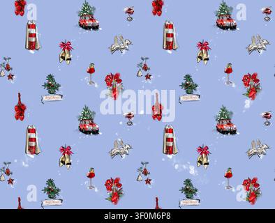 Elegantes handgezeichnetes Wasserfarben-Muster ohne Rand mit festlichen Weihnachtsmotiven: Vintage-Auto mit Baum, High Heels, Glocken, Geschenke, Cocktails und Verzierungen Stockfoto