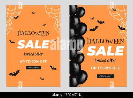 Halloween-Rabatt-Poster mit orangefarbenem Hintergrund, Spinnweben, Fledermäusen und schwarzen Ballons, mit fettem Text HALLOWEEN SALE und Rabattangebot, perfekt für Stock Vektor
