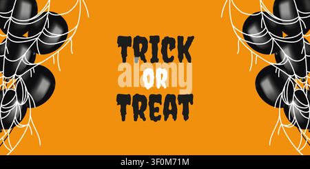 Helles orangefarbenes Trick-or-Treat-Design mit tropfenden schwarz-weißen Buchstaben, Spinnweben und glänzenden schwarzen Ballons, perfekt für festliche Halloween-Dekoration Stock Vektor