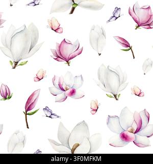 Magnolia weiße und rosa Blumen nahtloses Muster. Aquarell handgezeichnete Schmetterlinge, Frühlings üppige Blütenillustration isoliert auf Hintergrund Stockfoto