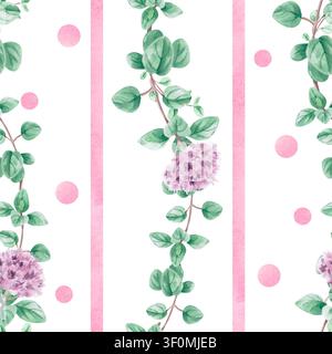 Nahtloses Muster mit vertikalen Linien und Oregano. Aquarellillustration für das Design von Getränkemenus, Kräutertee-Verpackungen, Karten, Produktetiketten Stockfoto