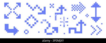 Blaue Pfeilsymbole im Retro-Stil mit Pixeln im 8-Bit-Arcade-Stil Y2K. Symbolgruppe der Schnittstelle. Geometrische Spieltasten und Retro-Spielzeiger. Trendige digitale Kollektion. Vektorabbildung Stock Vektor