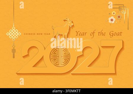 Das Jahr der Ziege, 2027 Happy Chinese New Year, Lunar Celebration. Vorlage für festliche Banner. Traditionelles Holiday-Logo-Design, Vektorillustration Stock Vektor