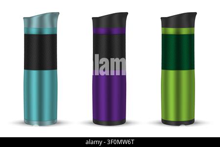Trinkbarer Reisekaffeebecher, realistische Vektorillustration. Isolierter Tumbler-Becher mit Silikonhülle, Vorlage. Glänzender Metallkörper in Farbe Stock Vektor