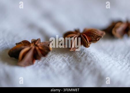 Zwei Sternanis-Kapseln auf einem weichen Stoffhintergrund. Aromatisches Gewürz, das beim Kochen, Backen und bei der natürlichen Lebensmittelgestaltung verwendet wird. Stockfoto