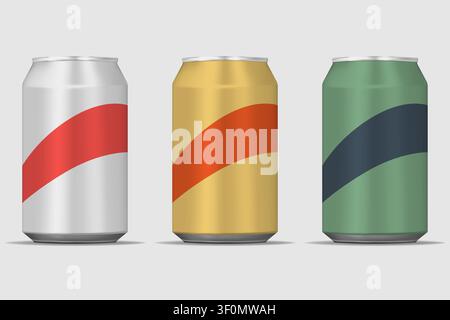 Getränkedose aus Aluminium, 330 ml Set, realistisches Mockup. Leere farbige Blechdosen für Getränkeverpackungen, Vektorvorlage Stock Vektor