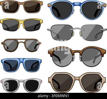 Sammlung verschiedener moderner und klassischer Sonnenbrillen-Designs, die unterschiedliche Rahmenformen und dunkel getönte Gläser zeigen, ideal für Augenschutz und Mode Stock Vektor