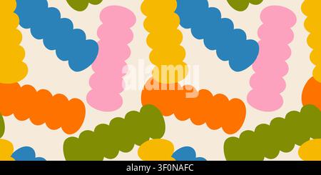 Lustiges, groovy nahtloses Muster mit bunten abstrakten geometrischen Formen im festlichen Doodle-Stil. Stock Vektor