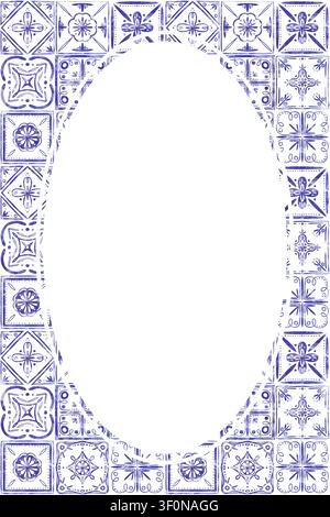 Vintage-Blauer-Oval-Rahmen-Design mit einem Aquarell-blau-weißen, handgezeichneten mediterranen rechteckigen Azulejo-Fliesenmuster mit einem verzierten, weißen Stockfoto
