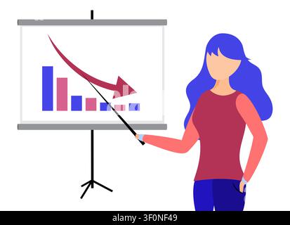 Frau präsentiert negativen finanziellen Trend und sinkende Leistungsdiagramm - Vektorillustration Stock Vektor