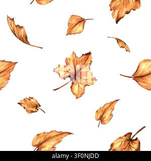 Fallende Blätter Aquarell nahtloses Muster lebendige Herbstblätter. Herbstlaub orange wiederholtes Ornament handgemalte isolierte Illustration auf Weiß Stockfoto