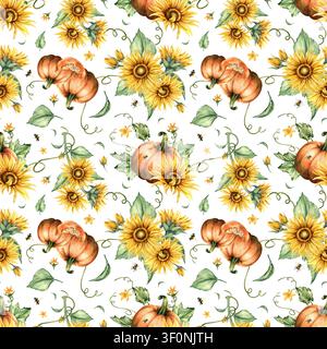 Aquarell-Herbst-Ernte-nahtloses Muster warme Farben. Sonnenblumen gelbe Blume, Kürbisse Gemüse, Hummelsame, Blätter wiederholte Komposition. Hand Stockfoto