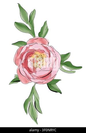Wunderschöne Aquarellillustration einer rosa Pfingstrose mit grünen Blättern, handgezeichneter Stil. Perfekt für Frühling, Sommer, Natur und elegante Blumenmotivdesigns Stockfoto