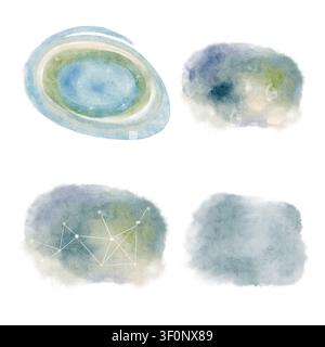 Abstrakte Aquarell-Elemente-Set, handgemalte weiche blaue und grüne Waschungen mit organischen Formen, Papiertextur, isoliert auf weiß, perfekt für Branding Stockfoto