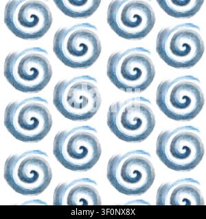 Spiralwirbel in luftigem Wolkenweiß, hellblauen Tönen nahtloses Aquarellmuster isoliert auf weiß. Abstraktes, handgemaltes Winterelement, leichte Textur Stockfoto