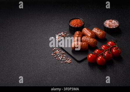 Grillwürste mit Hühnchen oder Schwein, Knoblauch, Salz und Gewürzen. Grillen von Würstchen als kulinarischer Hintergrund für Ihr Design Stockfoto