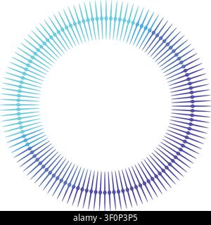 Abstrakter kreisförmiger Equalizer, der ein dynamisches radiales Klangwellen-Spektrum bildet, sich entwickelnde lebendige Farbverläufe von Blau zu Lila, ideal für Technologie Stock Vektor