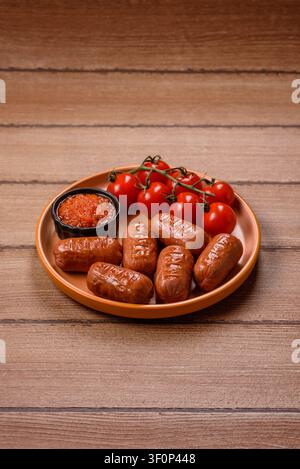 Grillwürste mit Hühnchen oder Schwein, Knoblauch, Salz und Gewürzen. Grillen von Würstchen als kulinarischer Hintergrund für Ihr Design Stockfoto