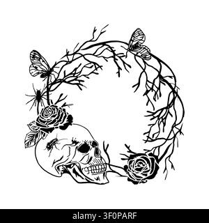 Halloween-Kranz mit einem menschlichen Schädel, Ästen, Rosen, einer Spinne und Schmetterlingen. Handgezeichnete Vektorillustration im Linienstil. Schwarz Stock Vektor