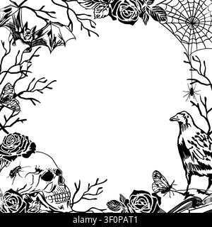 Halloween-Rahmen mit Platz für Text. Zeigt einen menschlichen Schädel, eine Fledermaus, einen Raben, ein Spinnennetz und Rosen. Handgezeichnete Vektorillustration im Linienstil. Schwarz Stock Vektor