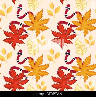 Nahtloses Herbstmuster mit roten und gelben Blättern und einer bunten Schlange. Vektor. Ideal für Herbststoffe, saisonale Tapeten. Stock Vektor
