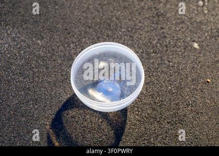 Klare Plastiktasse wirft Schatten auf Asphaltoberfläche. Stockfoto
