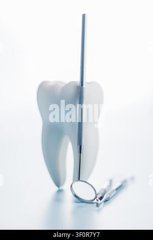 Nahaufnahme von Zahnarztinstrumenten aus Edelstahl mit einem weißen Zahnmodell auf einem weichen blauen Hintergrund, repräsentierend Zahnheilkunde, Mundhygiene, Zahnkontrolle Stockfoto
