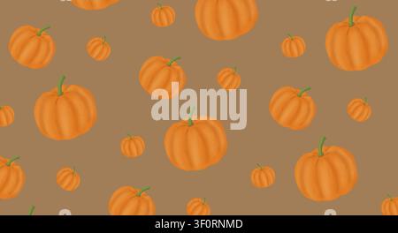 Nahtloses Herbstmuster mit orangefarbenen Kürbissen in verschiedenen Größen auf braunem Hintergrund Stockfoto