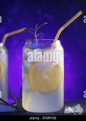Wunderschöne kalte Cocktails mit Zitrone und Rosmarin. Gin Tonic im Glas. Helle Farbbeleuchtung, Barmenu Stockfoto