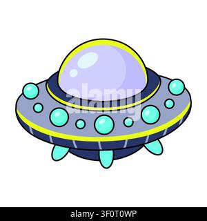 Klassische graue UFO-Raumschiff-Vektorillustration. Cartoon-Alien-Fliegende Untertasse mit leuchtenden blauen Lichtern und Kuppel isoliert auf weißem Hintergrund. Futuristisch Stock Vektor